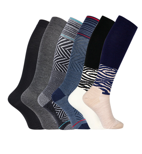 65% Rich Merino Wool Everyday Compression Socks (15-20mmHg) - Zebra - 6 Pack