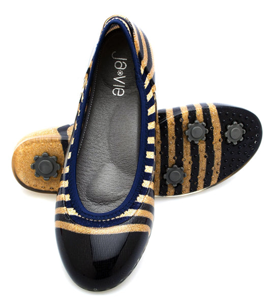 ja-vie gold cap/navy rugby stripe jelly flats shoes